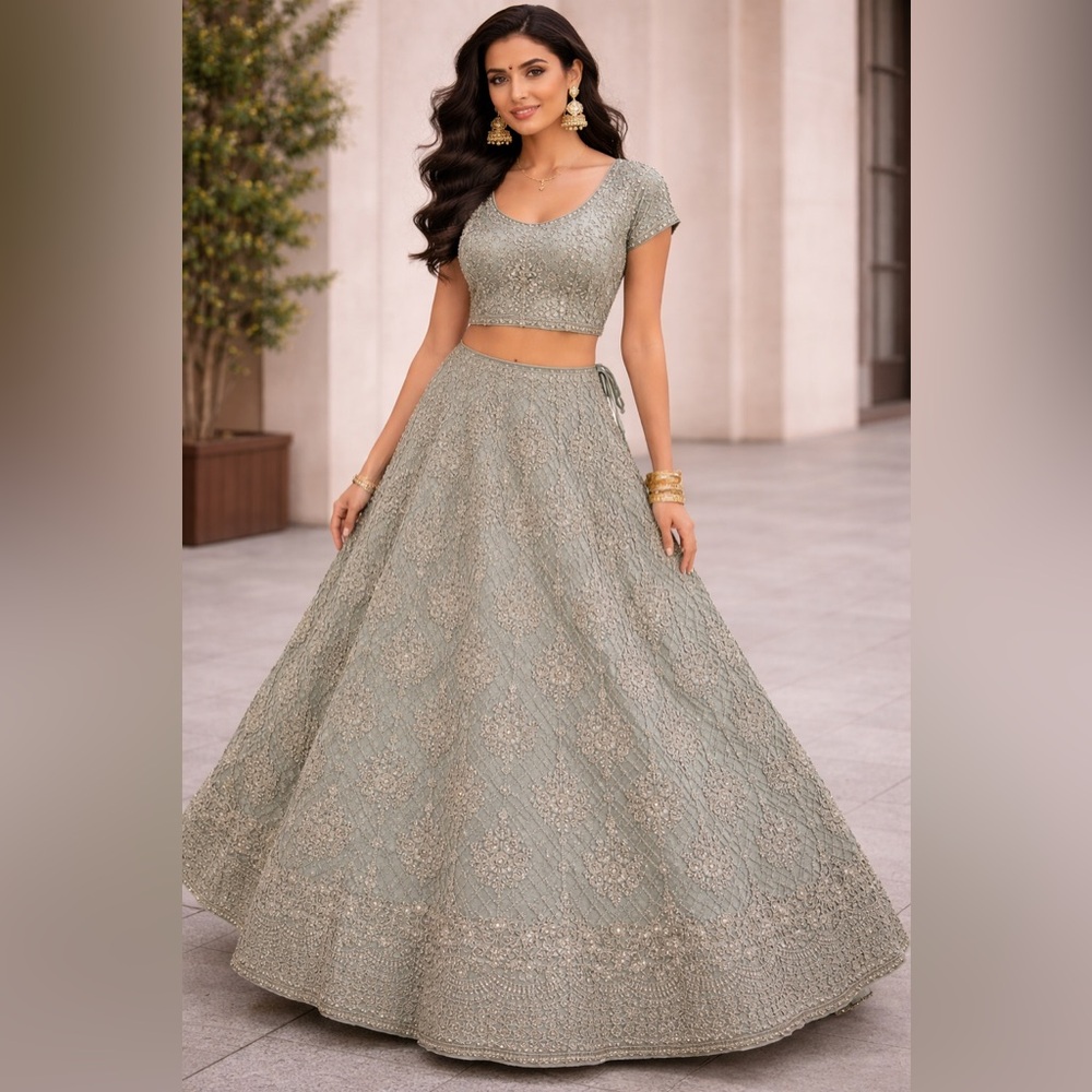 Embellished Sage Green Two-Piece Lehenga Set